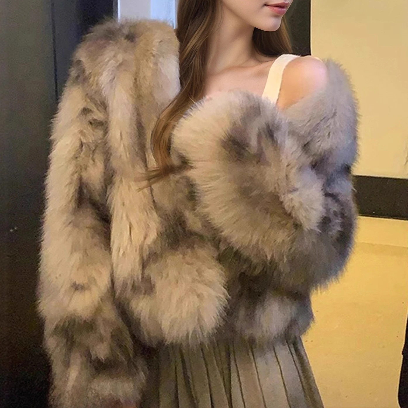 

Faux Fur Women Coats Leopard Print Jackets Thick Render V Neck Long Sleeve Covered Button Loose Fit Casual 2025 Autumn Winter