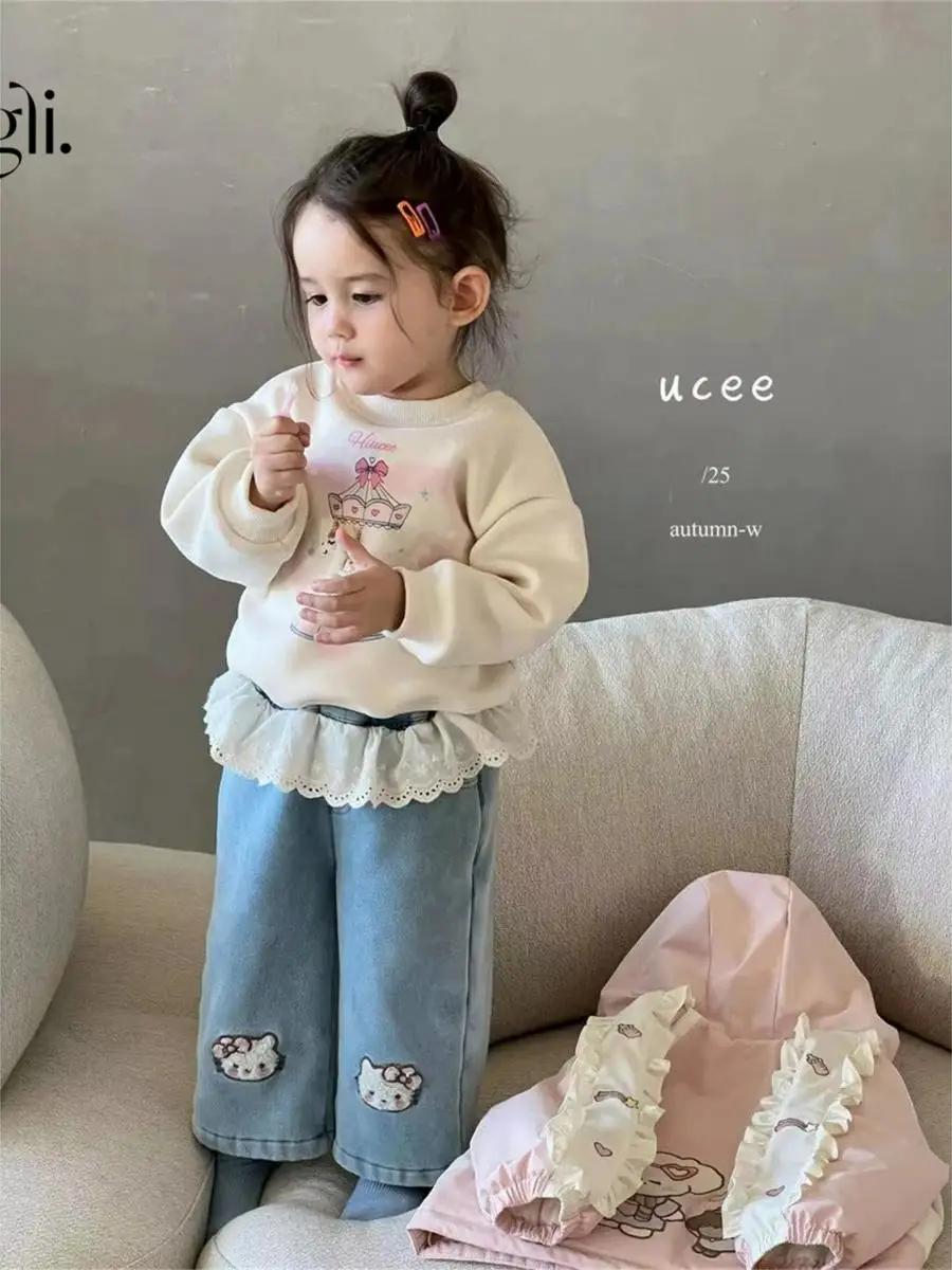 بنطلون جينز واسع الساق مزين بالدانتيل للفتيات الصغيرات، ملابس شتوية للأطفال، بنطلون طويل للفتيات الصغيرات