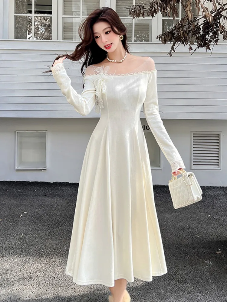 

Elegant V-Neck Knitted Long Sleeve Dress Women's Slimming Midi Dress Spring Autumn Soft Fabric High Waist Contraction Wind