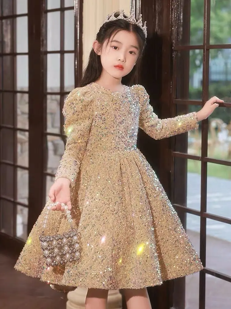 Elegant Golden Sequin Lace Flower Girl Dress Long Sleeves Puffy Pageant Gown Big Bow Baby Girl Birthday Party Weeding Vestidos