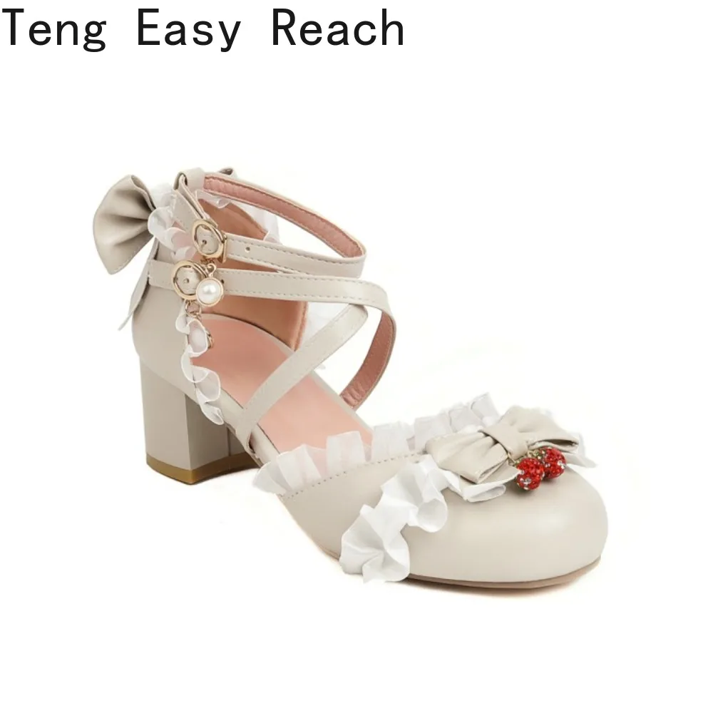 Women Thick Square Heel Lace Single Leather Lolita Sandals 2026 Sweet Bowknot White Girls' Mary Janes Party Dress Shoes 32-48