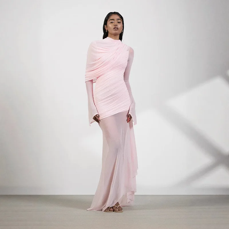 

Сказочное розовое длинное платье неправильной формы с высоким воротом, плиссированное сетчатое лоскутное платье во французском стиле, длинная юбка высокого качества