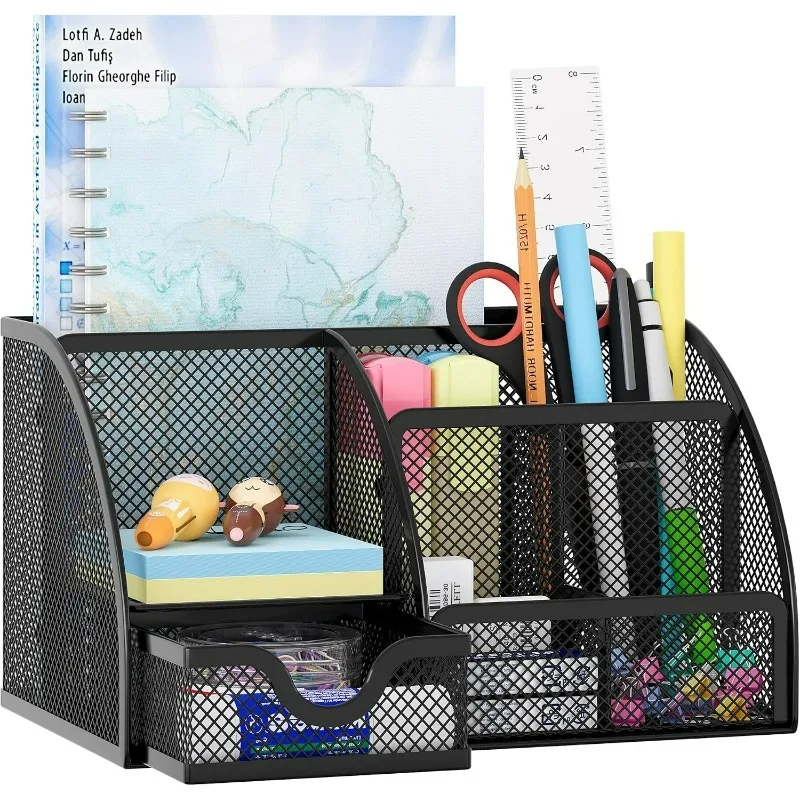 Image of Netz-Schreibtisch-Organizer mit Schublade, 6-Fach-Stifthalter, Multifunktionale Schreibtischaufbewahrung für Büro-, Schul- und Wohnheimbedarf