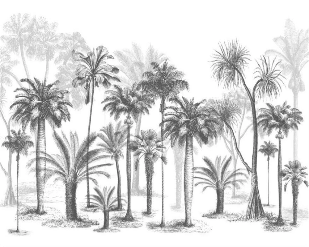 Customized product Wallpaper Mural Black White Sketch Tropical Rainforest Coconut Tree Nordic TV Sofa Background wall 3d bedroom