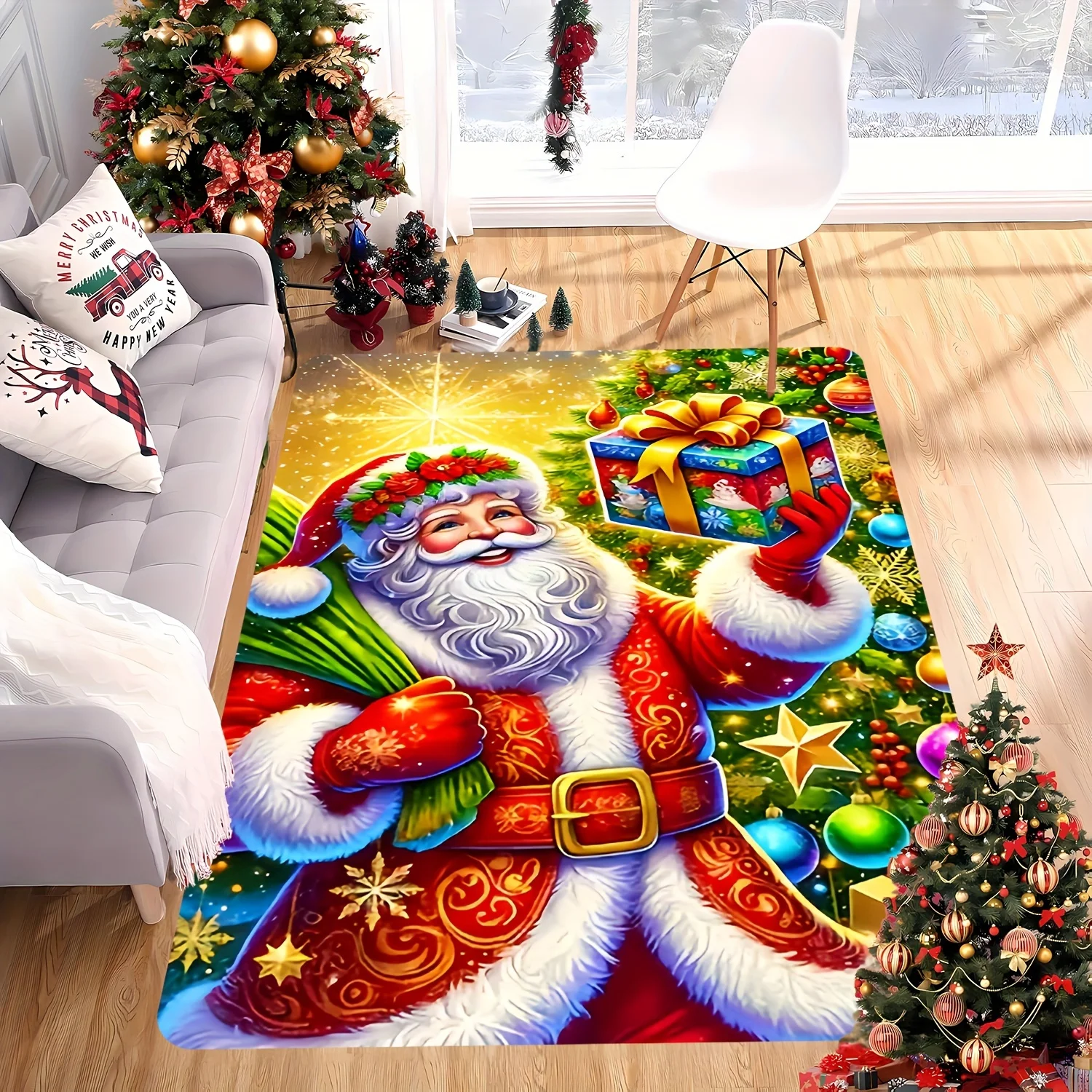 Santa Claus Gift Print Doormat, Premium Flannel Washable Non-Slip Rug for Indoor Outdoor Multi-Room Holiday Decor