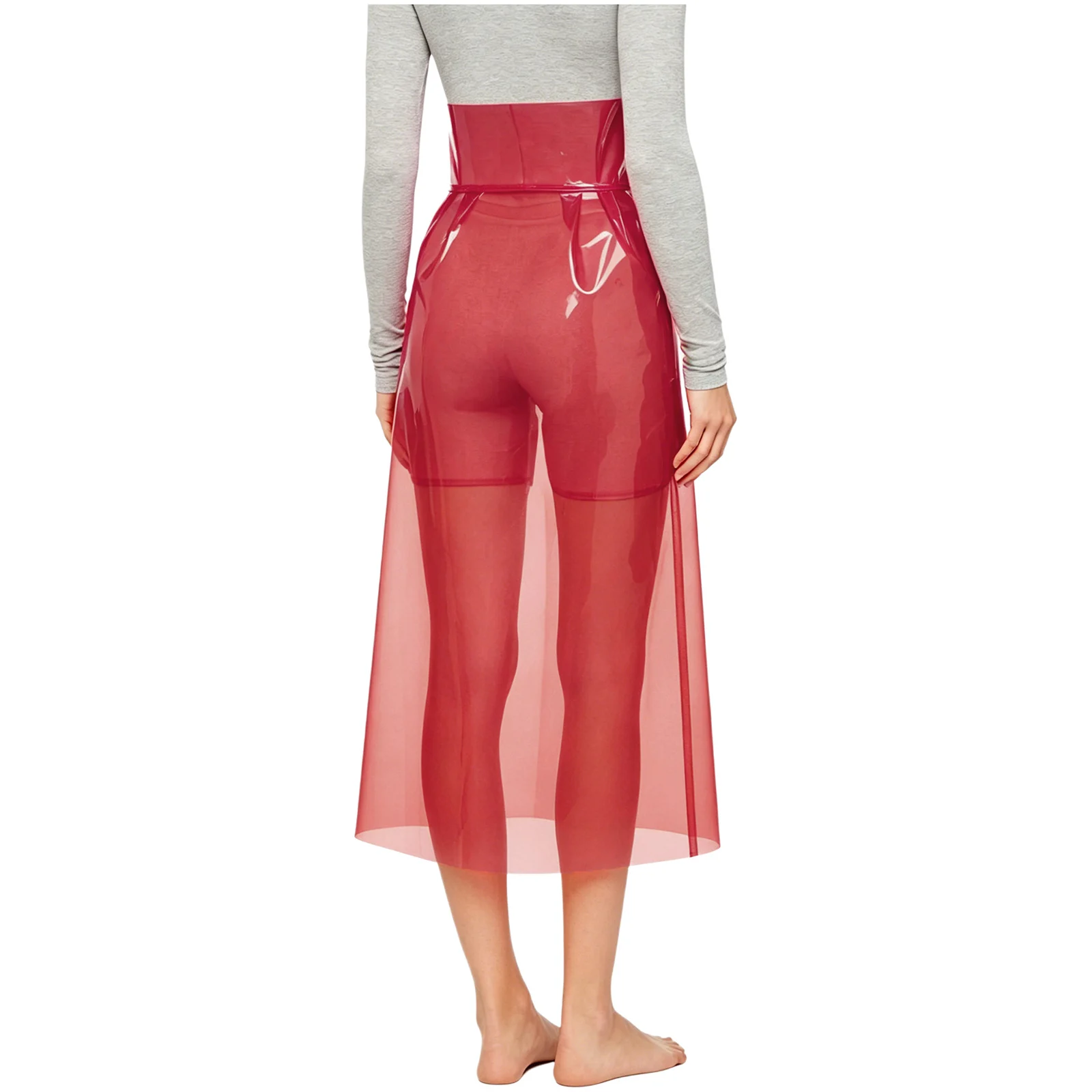 Womens See Through Pvc Skirt High Waist Rave Party Cosplay Bodycon Pencil Skirt Cover Up Midi Dress with Shorts - view 5