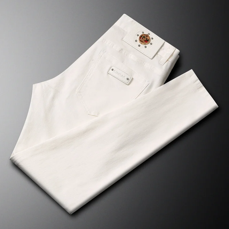 2025 Summer Trendy Brand White Jeans Men's High end Light Luxury Slim fit Small Straight Nine piece Pants Micro Elastic Pants
