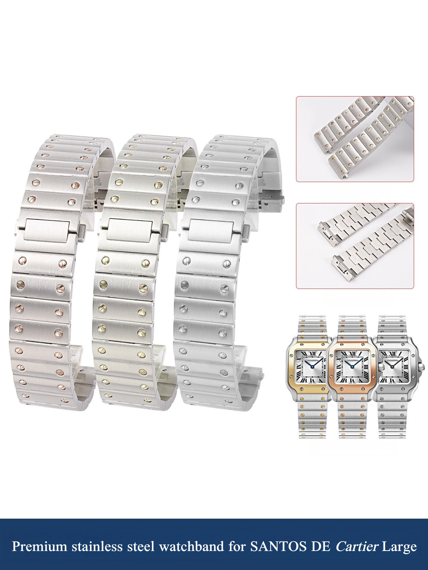 Exquisite craftsmanship dedicated stainless steel watch strap for Cartier Santos Large 21mm silver gold rose gold black strap