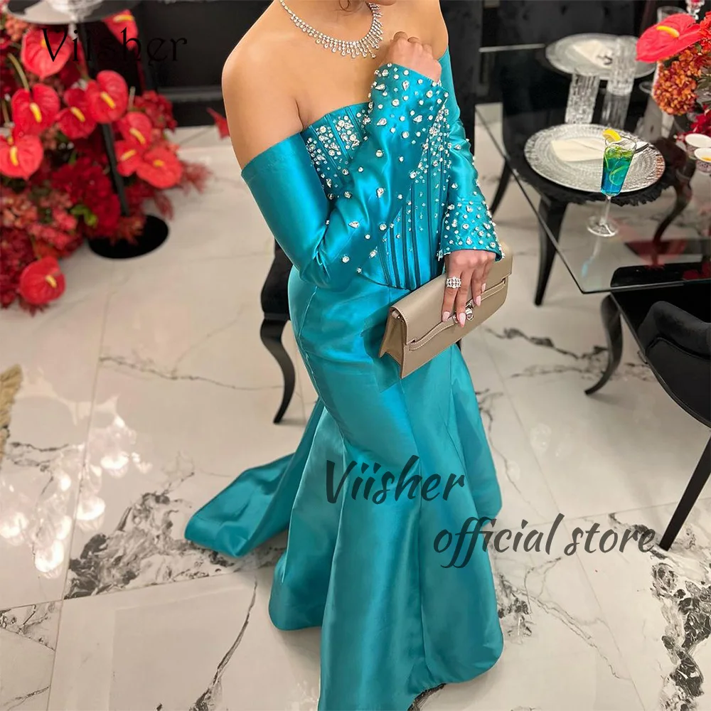 

Viisher Blue Mermaid Evening Dresses with Crystal Mono Satin Strapless Prom Party Dress Luxury Dubai Arabic Formal Gowns