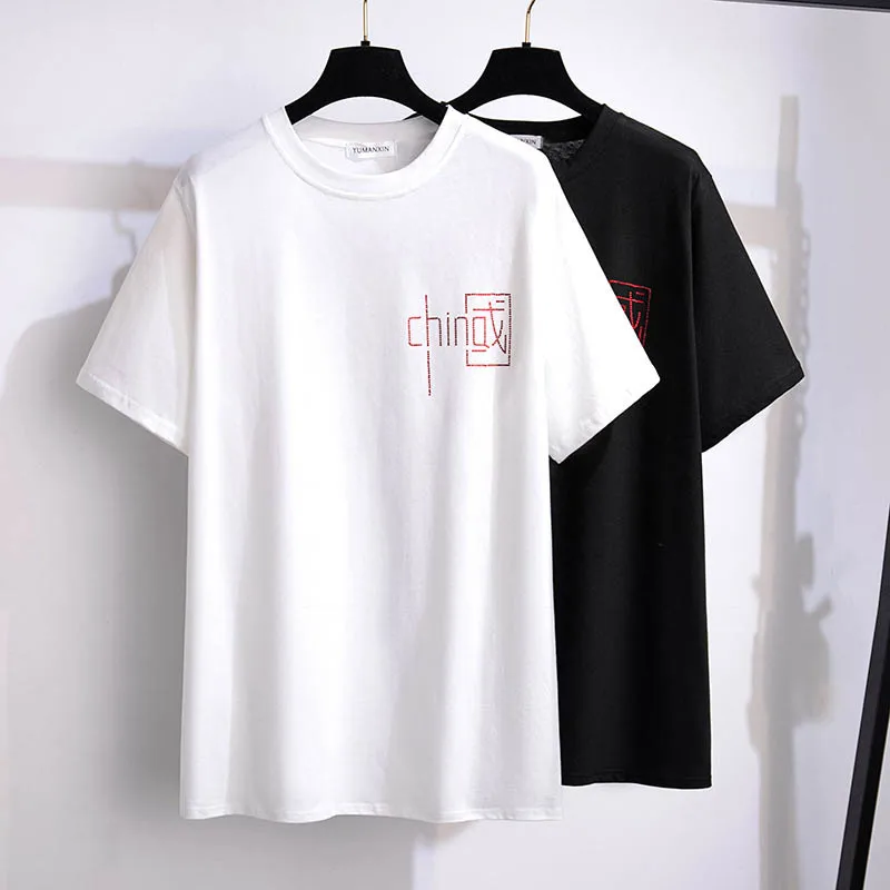 

170Kg Plus Size Women's Bust 170 Summer Letter Hot Drill Top Loose Short-Sleeved T-Shirt Black White 6XL 7XL 8XL 9XL 10XL 11XL