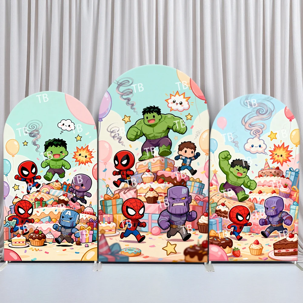 

Chibi Marvel Heroes Arch Backdrop Cover Birthday Cakes/Gifts Cartoon Party Style Birthday & Baby Shower Photo Booth Decor Props