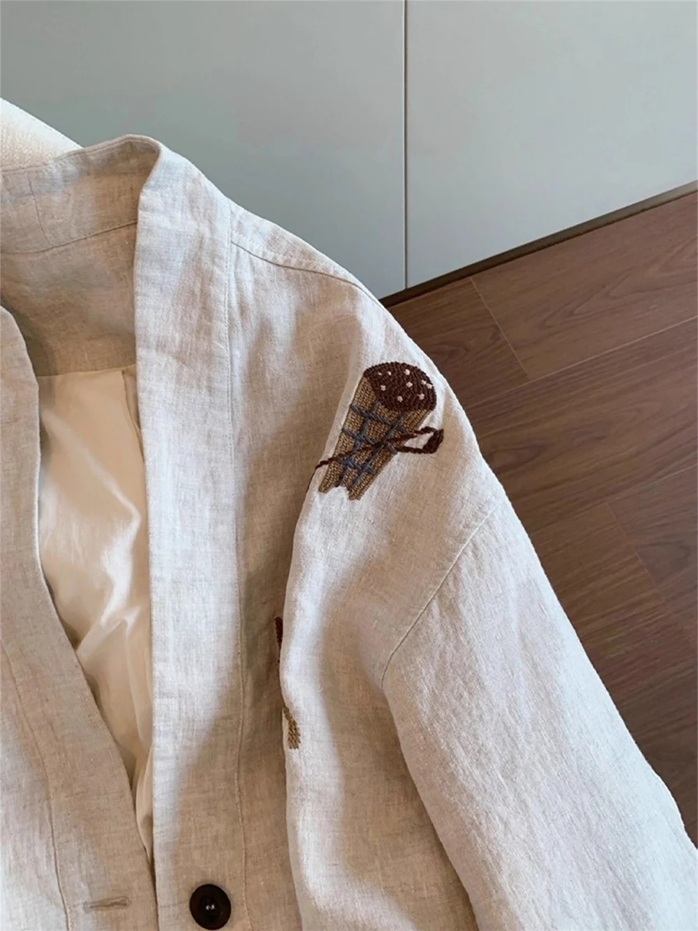 

Retro Heavy Embroidery V-Ne Linen Jaet Casual Thin Spring Autumn ex ort Top Faion Design Simple Sle Loose Fit