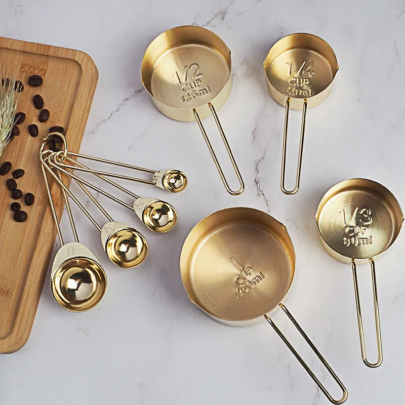 8pcs/set Rose Gold Measuring Spoons Cups Set Retro Baking Measuring Tools With Scale Stainless Steel Kitchen Accessories Gadgets