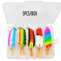 5pcs/box Spoon Metal Lure Rainbow 21G/6.2cm Anti-hanging Bottom Single Hook with Feather Hard Bait Ice Fishing Tackle