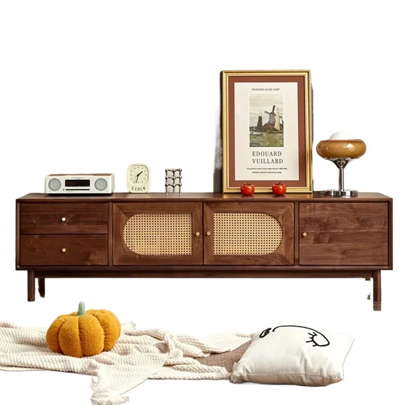 

Japanese-style solid wood retro-style rattan TV cabinet Nordic small apartment simple modern log black walnut