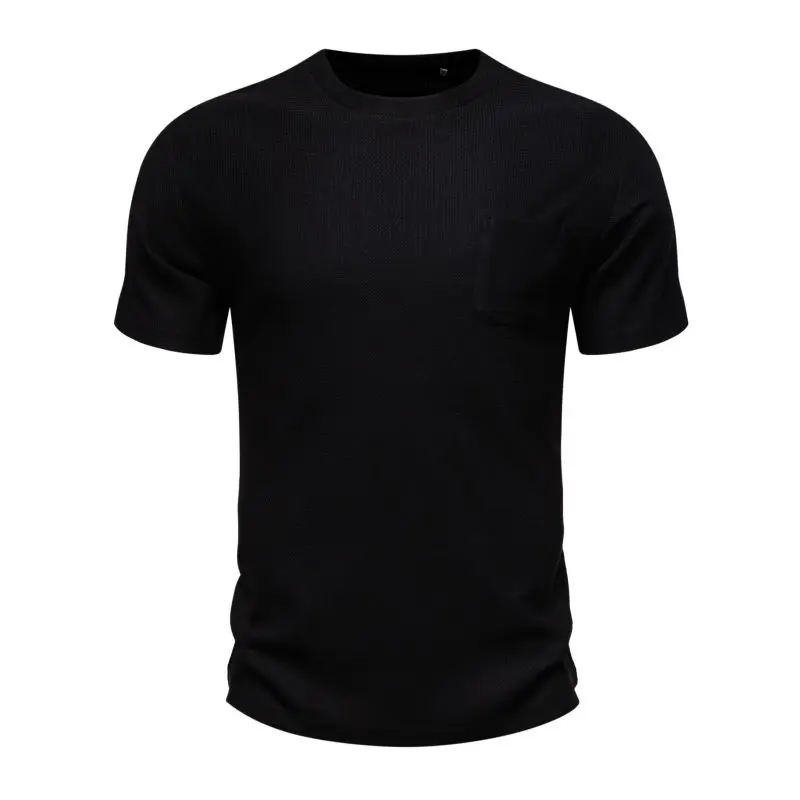 Summer Men\'s Casual T Shirt European Style Solid Pocket Short Sleeve T-shirts Fitness Round Neck Running Gym Top Tees