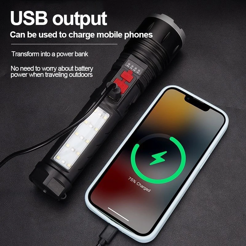 Powerful Led Flashlight Outdoor Ultra-Bright COB Rechargeable White Laser Torch Multi-Function Emergency Buzz Power Bank Lantern