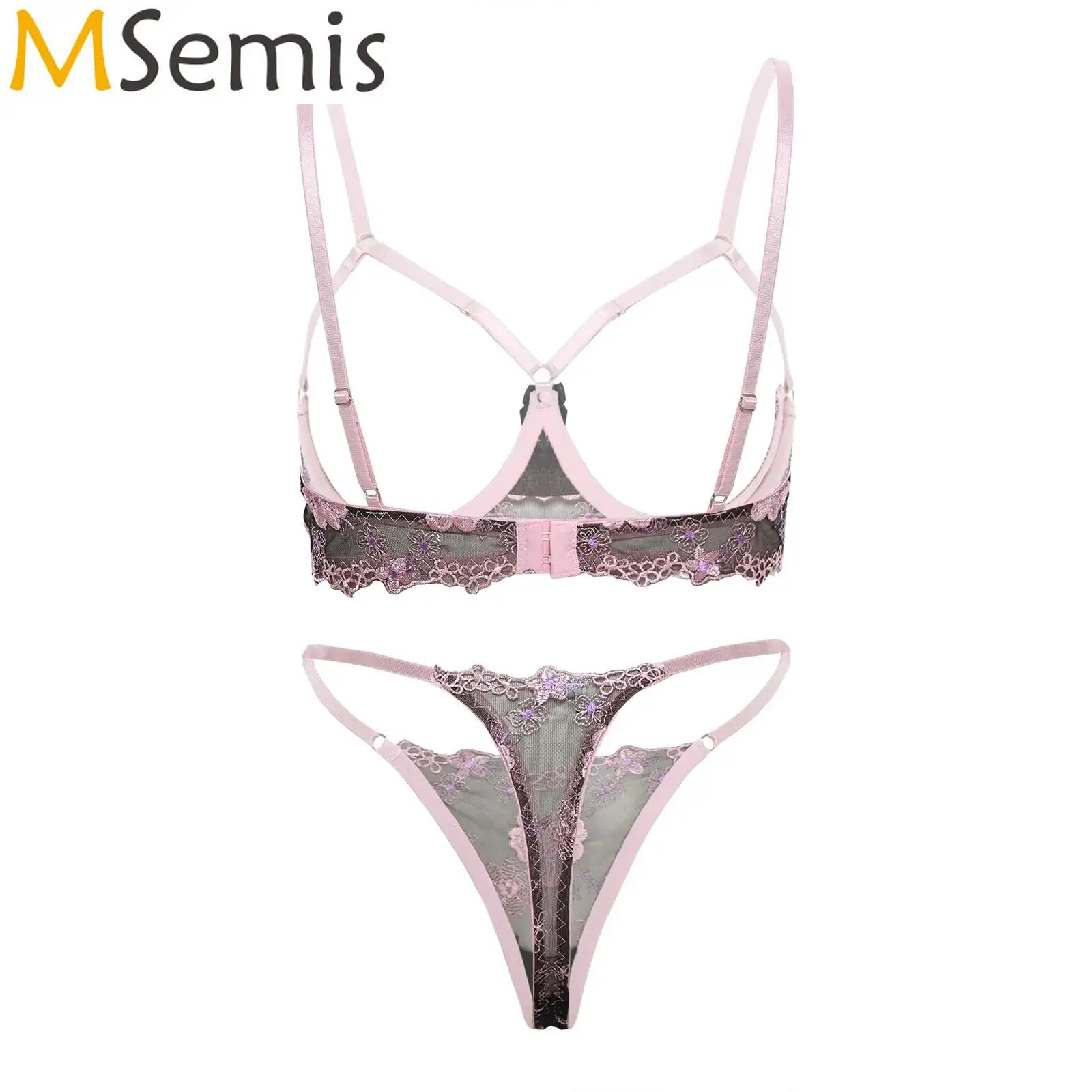

Womens Lingerie Two Pieces See Through Bra Underwear Set Cut Out Cup Underwire Push Up Bare Breast Bra Tops And T-back Thong