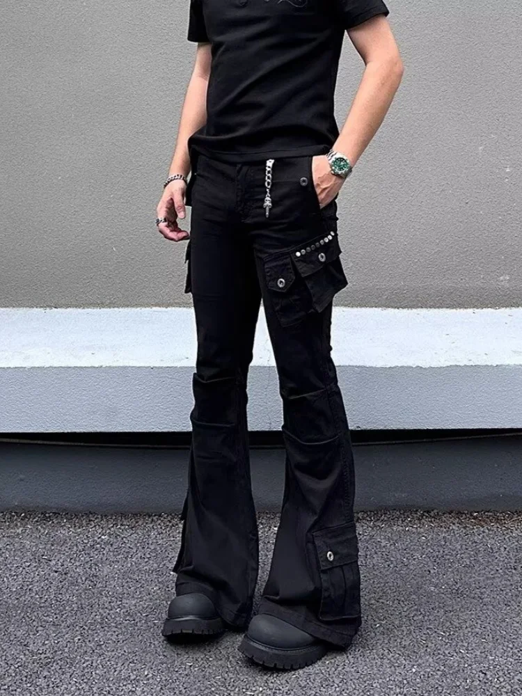 2026 Ropa Y2K New Fashion Multi Pockets Black Slim Flared Jeans Pants Men For Clothing Casual Cotton Long Trousers Moda Hombre