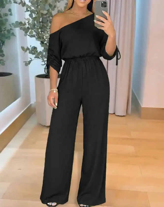 2026 Summer New Elegant and Fashionable Style Solid Color Simple Slant Collar Drawn Long Sleeve High Waist Women's Jumpsuit
