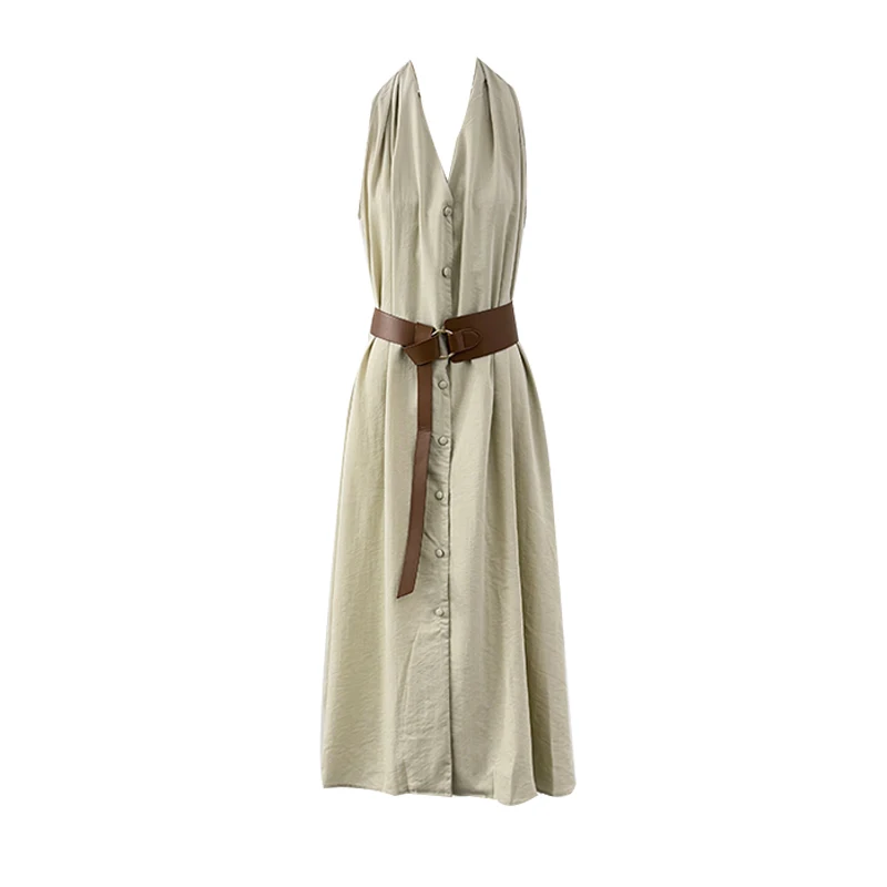 Elegant V-Neck Halter Dresses Women's Fashion Temperament Single Breasted Sleeveless Dress with Belt New Summer Retro Long Dress