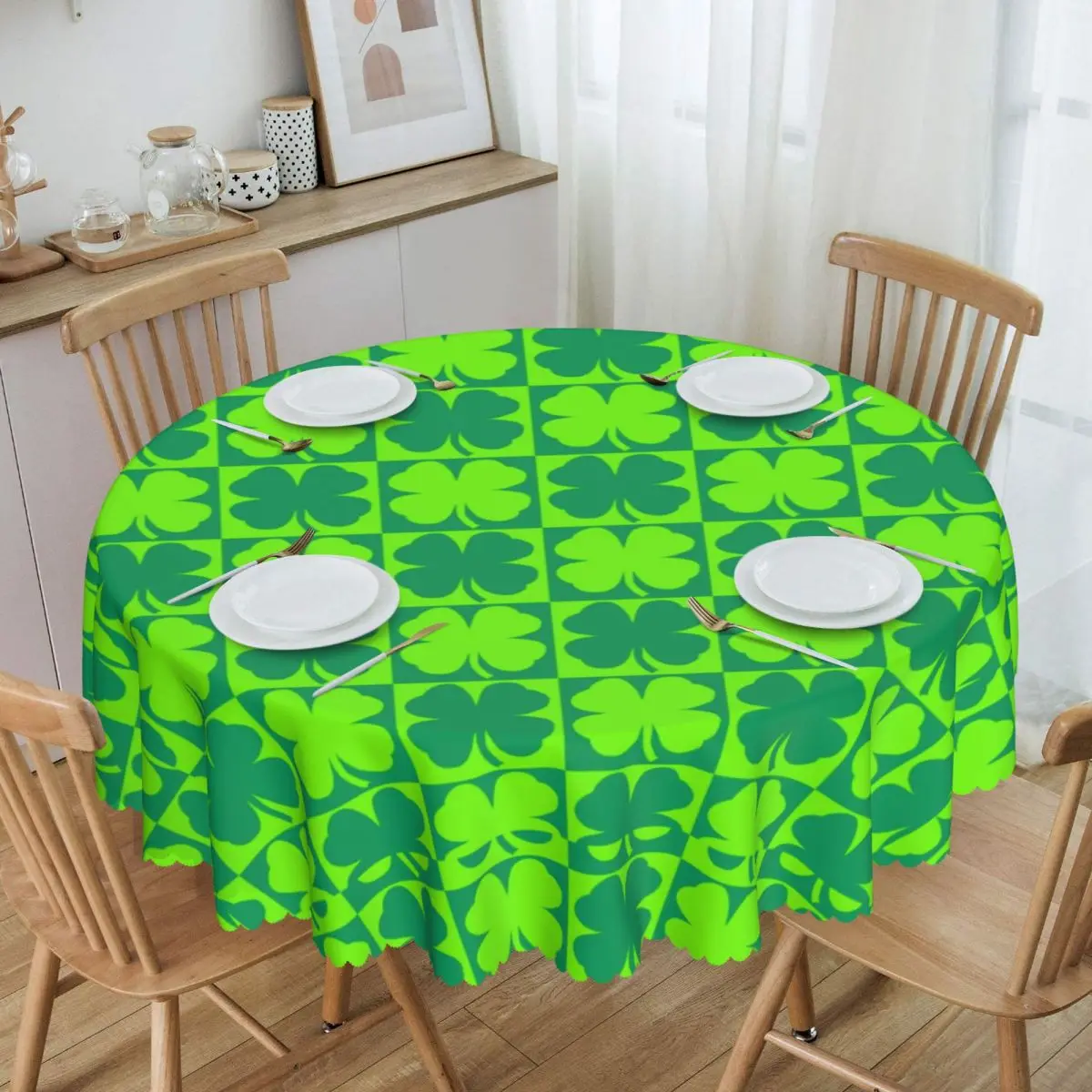 Custom  Four Leaf Clover Floral Checkerboard Tablecloth 60 inches Kitchen Table Cloth Spillproof Saint Patrick Day Shamrock