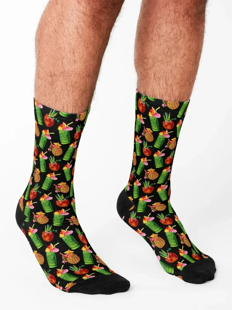 Chaussettes noires à motif de cocktail Tiki pour hommes et femmes, bas rétro d'été