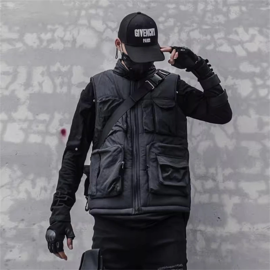 Mens Vests Winter Fleece Padded Jackets Men Techwear Zipper Warm Thicken Waistcoat Thick Gilet Black Sleeveless Jackets Coats