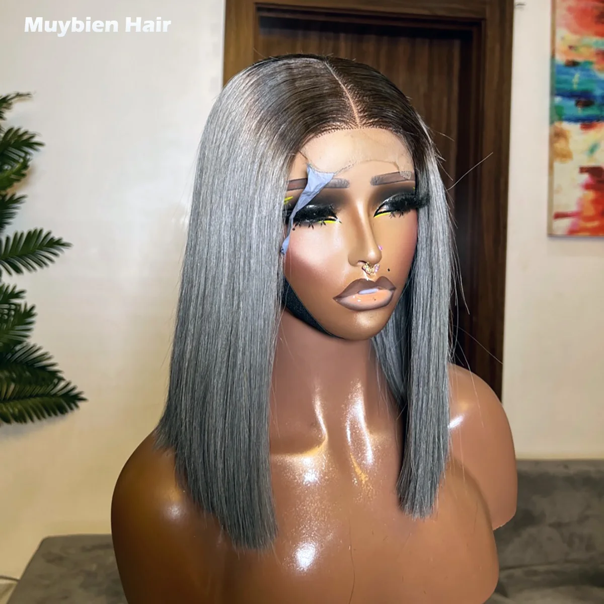 Super Double Drawn Bone Straight Grey with Dark 4by4 Closure Bob Human Hair Ombre Grey Lace Front Bob Wig Glueless Blunt Cut Obb