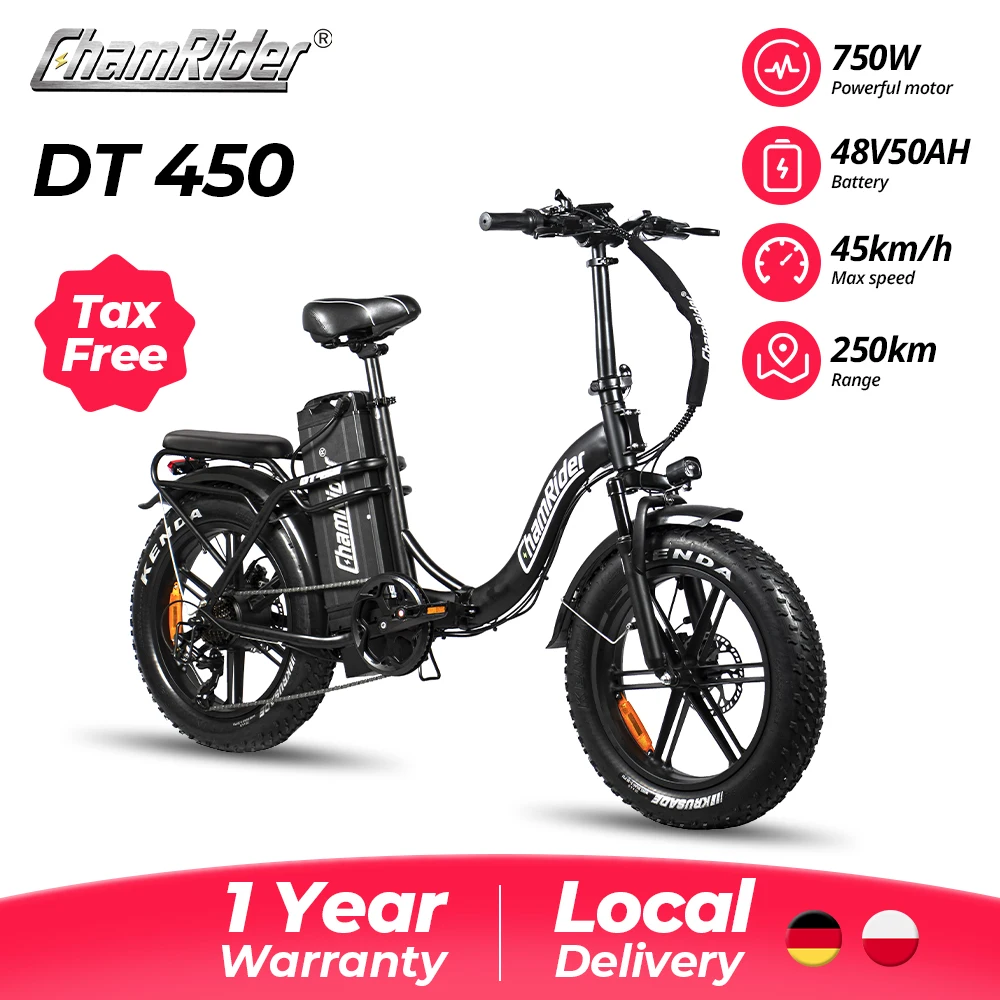 Vélo électrique ChamRider DT450 750W, batterie 50AH, portée 200+ KM EN15194, Charge rapide 7H, étanche IP67, pour la livraison alimentaire