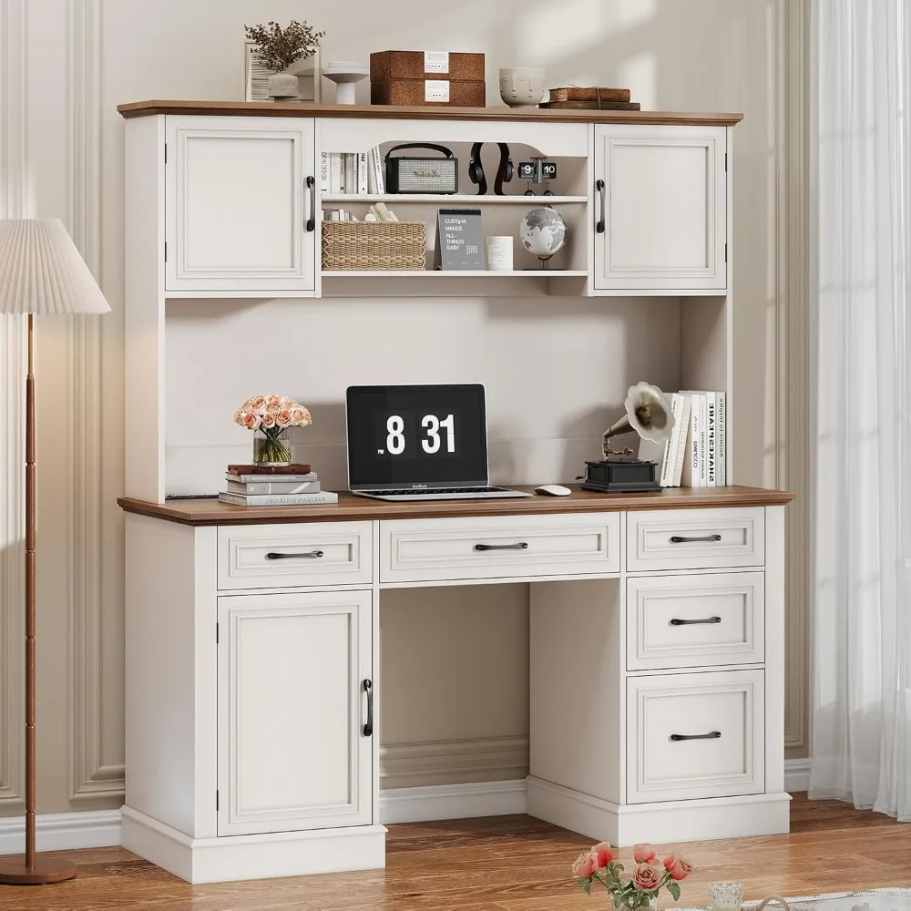 مكتب تنفيذي للمزرعة مقاس 67 بوصة مع خزانة. محطة عمل خشبية مع 5 أدراج وخزانة تخزين وأدراج الملفات ومحطة شحن،