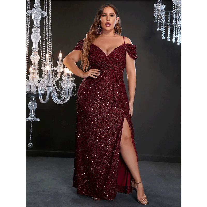 Plus Size Wine Red Suspender Strapless Sequins Long Evening Dress 4xl5xl Sexy Slim Fishtail Slit Plus Size Summer Dress Women