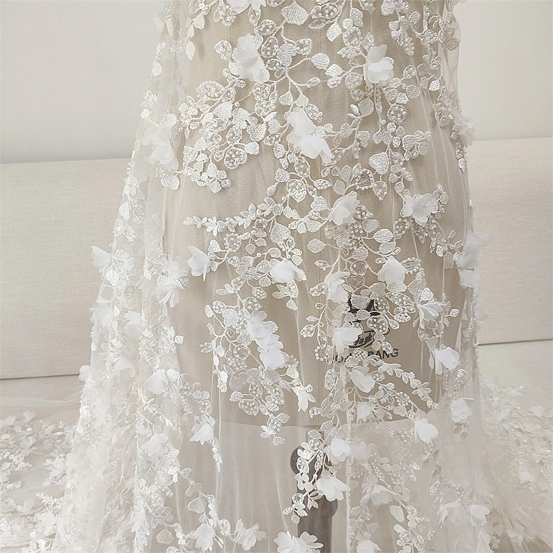 Цвет слоновой кости 3D цветочная кружевная бейка ручной работы с бисером, тканевая вышивка для украшения свадебного платья, материал для рукоделия