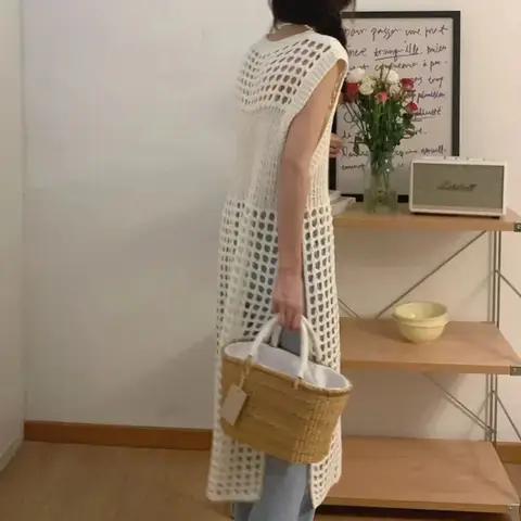 여성 니트 드레스 속이 빈 디자인 민소매 솔리드 캐주얼 부드러운 휴일 세련된 숙녀 맥시 드레스 프랑스 스타일 패션 오-넥