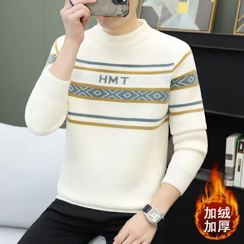 Winter Integrated Velvet Thick Men's Sweater Letter Jacquard Round Neck Knitted Pullovers Social Casual Knitwear Tops Streetwear