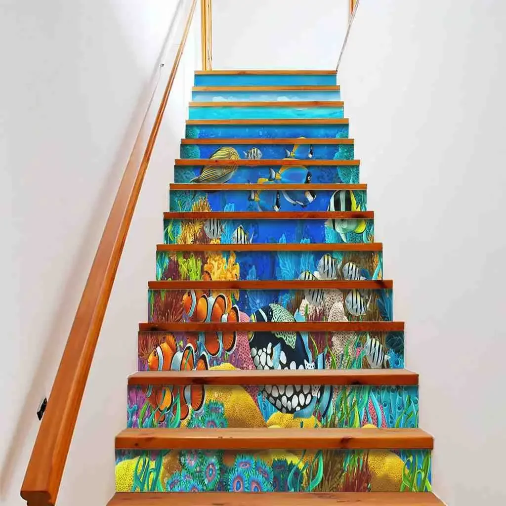 Ocean Fish School Stair Stickers The Underwater World Staircase Decals Sea Creatures Stairway Risers Murals Home Decor Removable