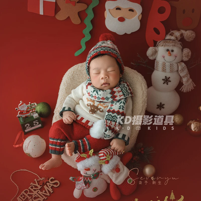 Fair Isle Style Baby Costumes+Christmas Hat+Scarf Knit Santa Claus Newborn Photography Outfit&Scene Props with Santa SnowmanDoll