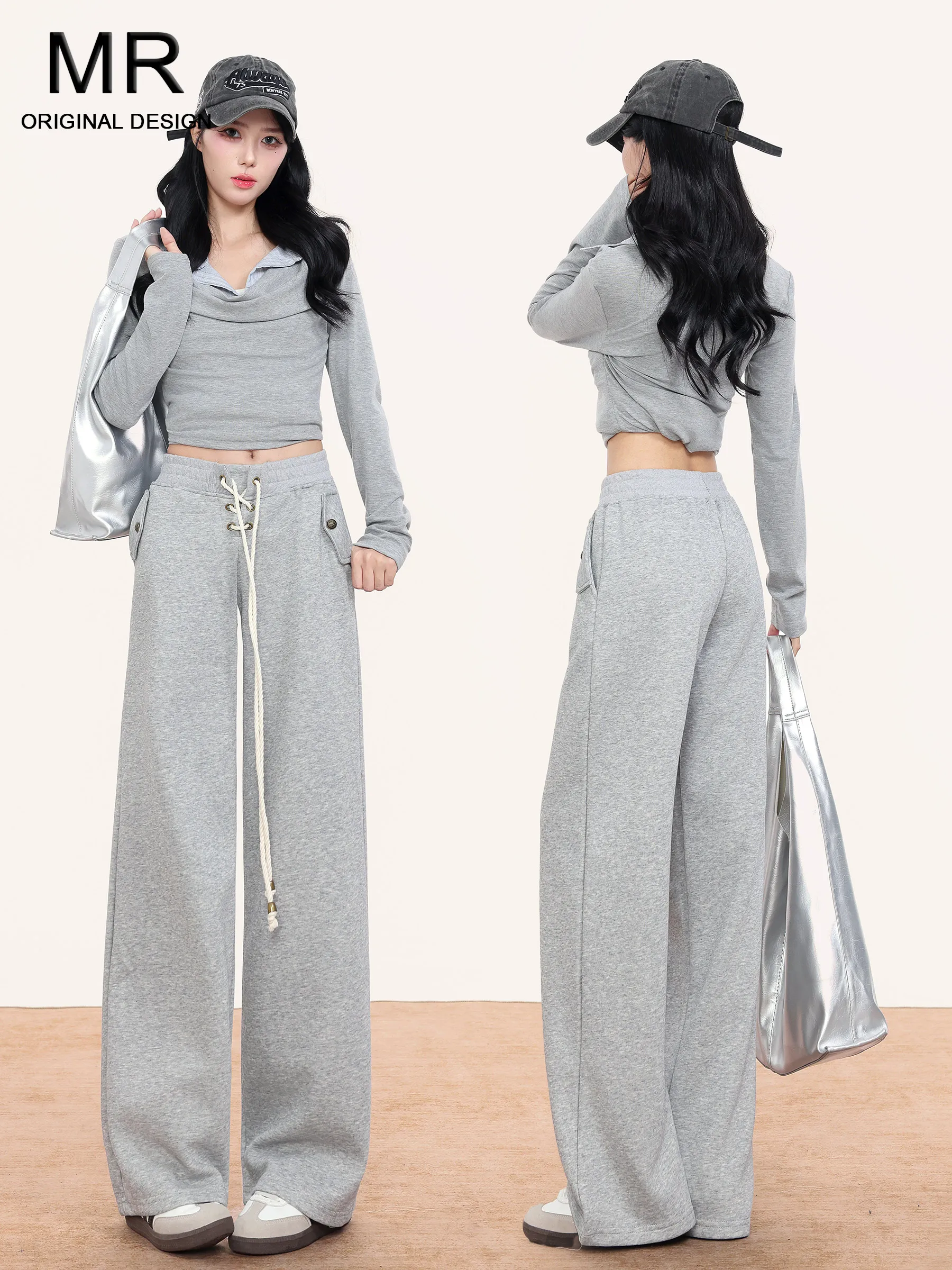 

Gray Lazy Style Belt Design Casual Pants Women's High Waist Loose Slim Wide Leg Sweatpants Autumn New Arrival Casual Trousers