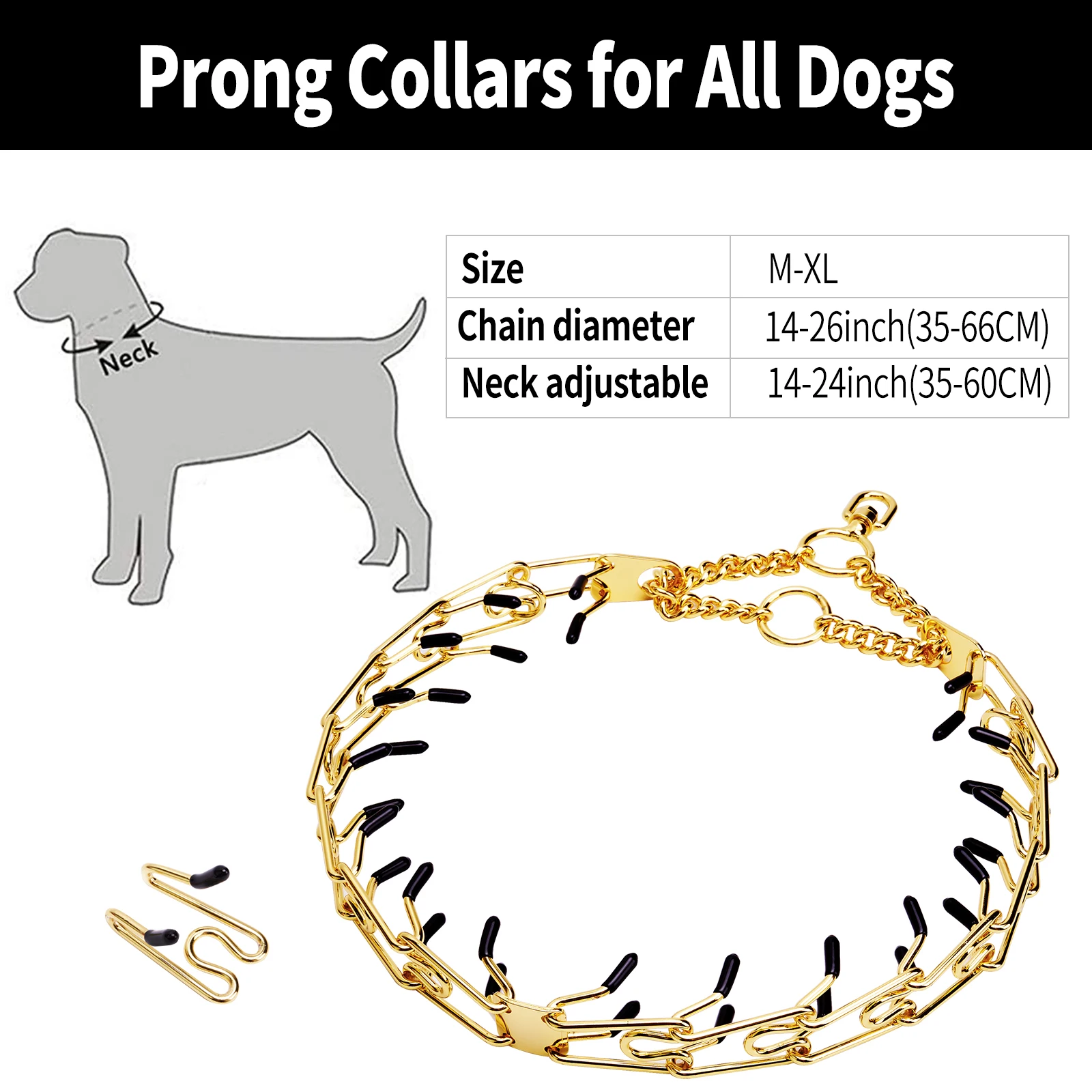 Removable Pet Link Chain Pinch Dog 18K Gold Adjustable Stainless Steel Training Prong Collar Spike Necklace with Comfort Rubber