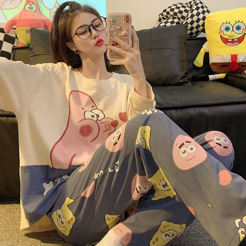 2-piece Set SpongeBob Patrick Star Sleepwear Women Pajamas Long Sleeved Trousers Cartoon Anime Autumn Cute Round Neck Homewear