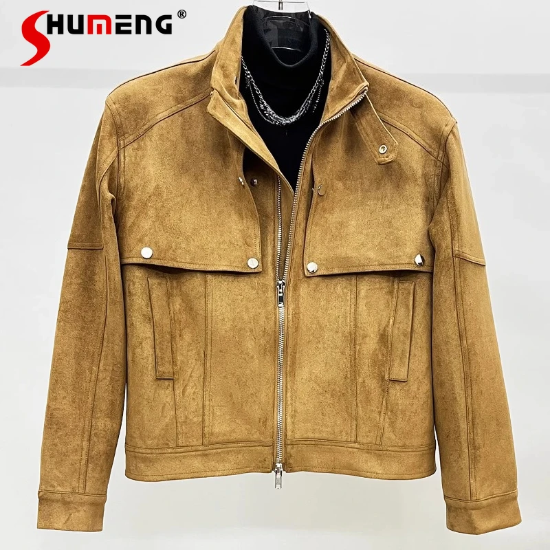

Men's 2025 Spring Autumn New Retro Tooling Stand Collar Jackets Men's Trendy Metal Buckle Zipper Design Coats Male Handsome Tops