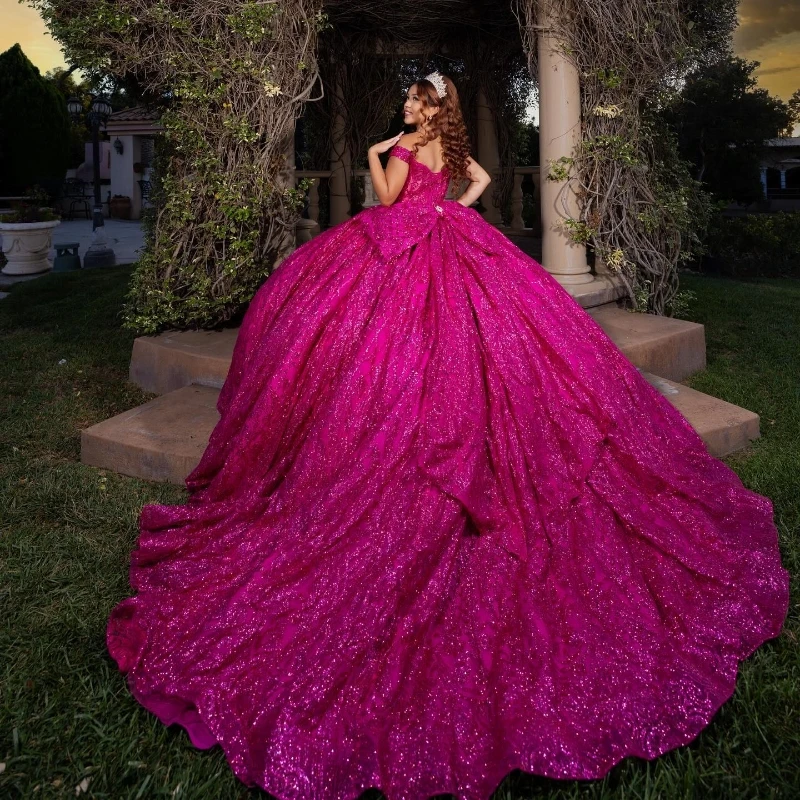 Glitter Rose Red Quinceanera Dresses Ball Gown Off The Shoulder Sequin Lace Applique Beaded Bow Tull Mexican Sweet 16 Vestidos