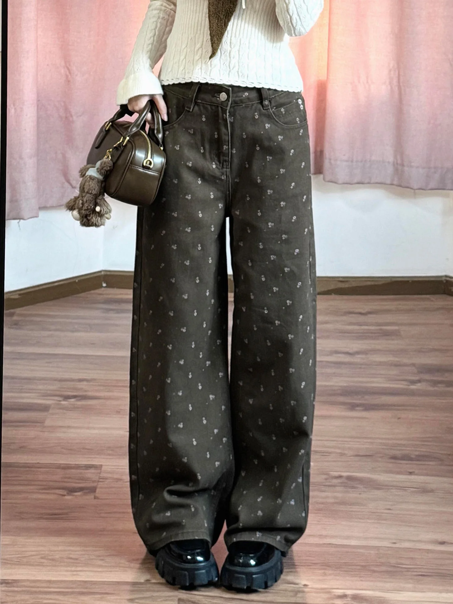 

Прямые джинсы с высокой талией и цветочным принтом, женские зимние новые утягивающие джинсы длиной до пола, коричневые широкие джинсы Super Alli