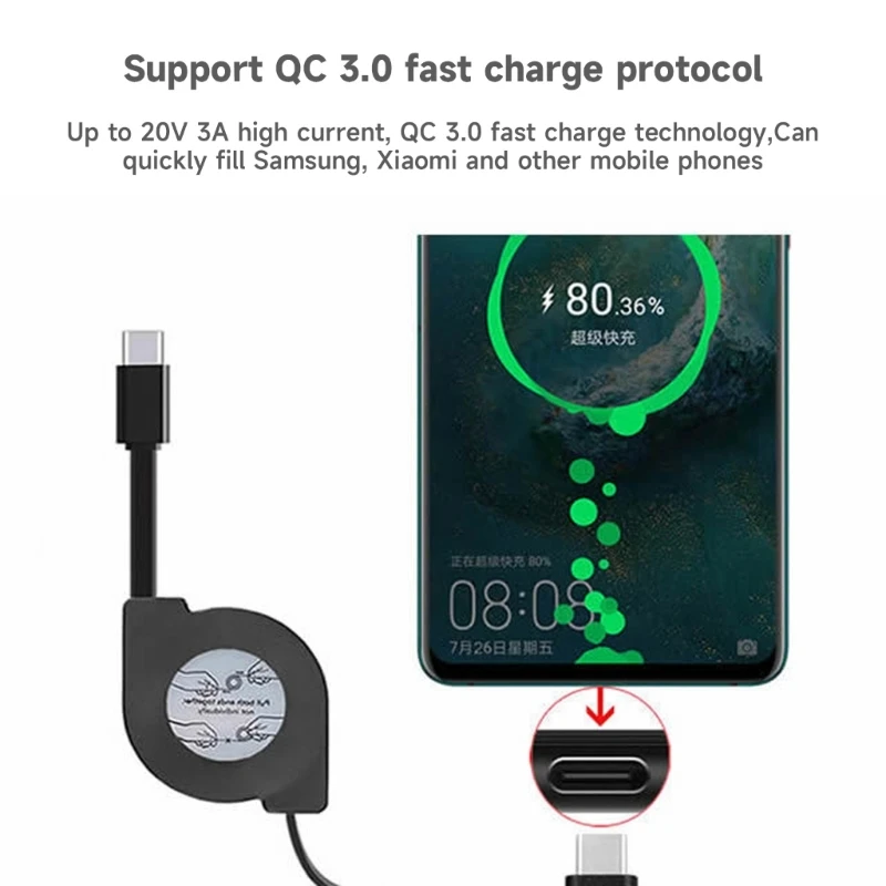 60W PD Type C Retractable Fast Charging Data Sync Cord for Phone  Tablets