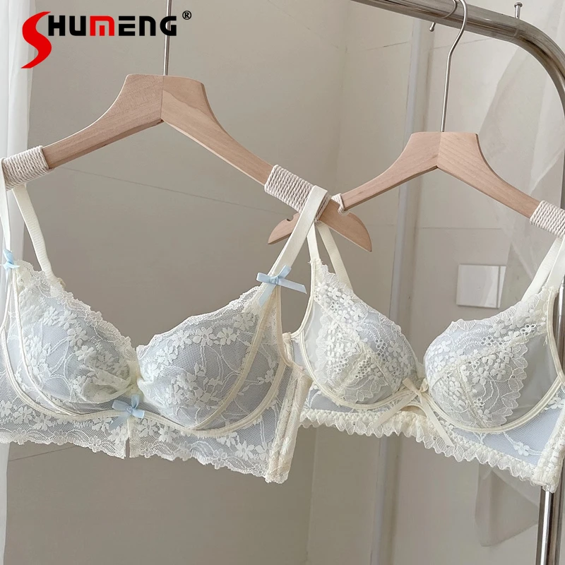 

Blue Japanese Style Romantic Underwear Set Female Pure Desire Lace Bra Suits Women High Street Push Up Wireless Intimates Set