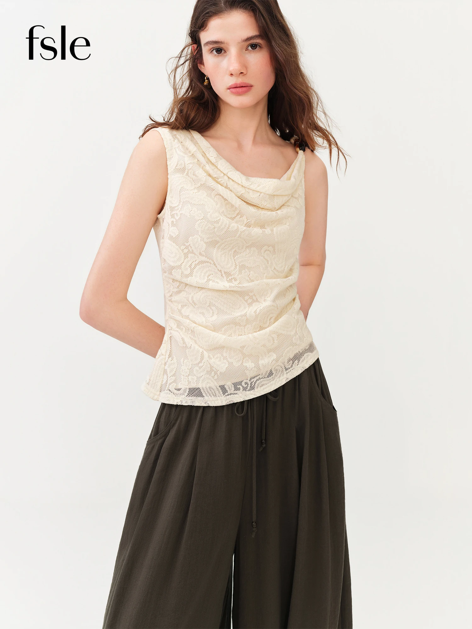 FSLE Women 2026 Summer New Arrival Vintage Sleeveless Jacquard Draped Collar Blouse Slim Fit Elegant Top Vacation Style Pullover