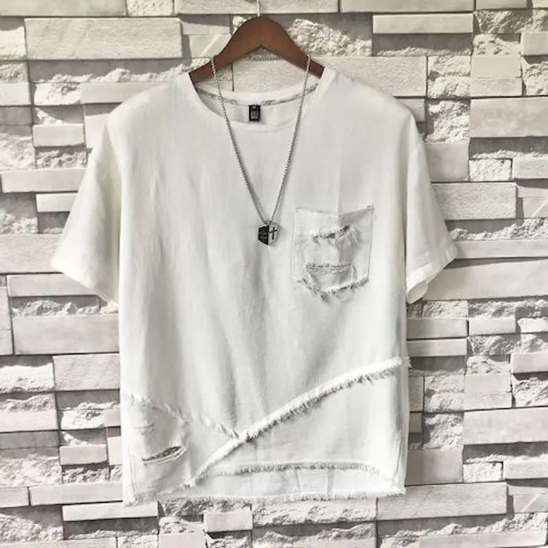 Chinese Style Cotton Linen T Shirt Loose Round Neck Short Sleeve Solid Color T-shirt Korean Personality Men's Half-sleeved Top