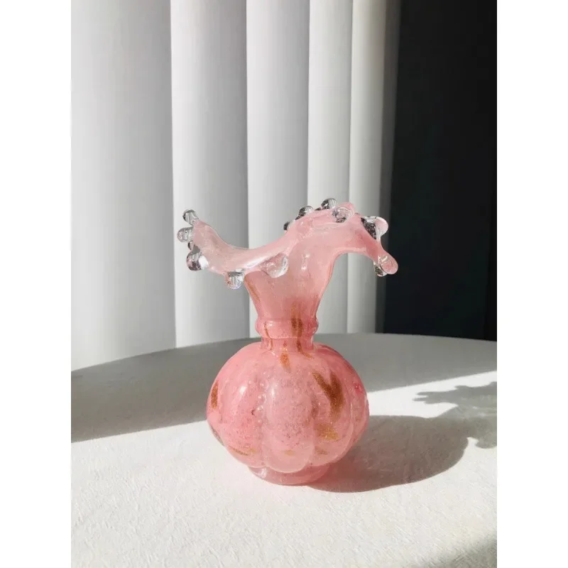 Gentle pink French retro water drop handmade glazed vase glass living room entrance flower arrangement gift