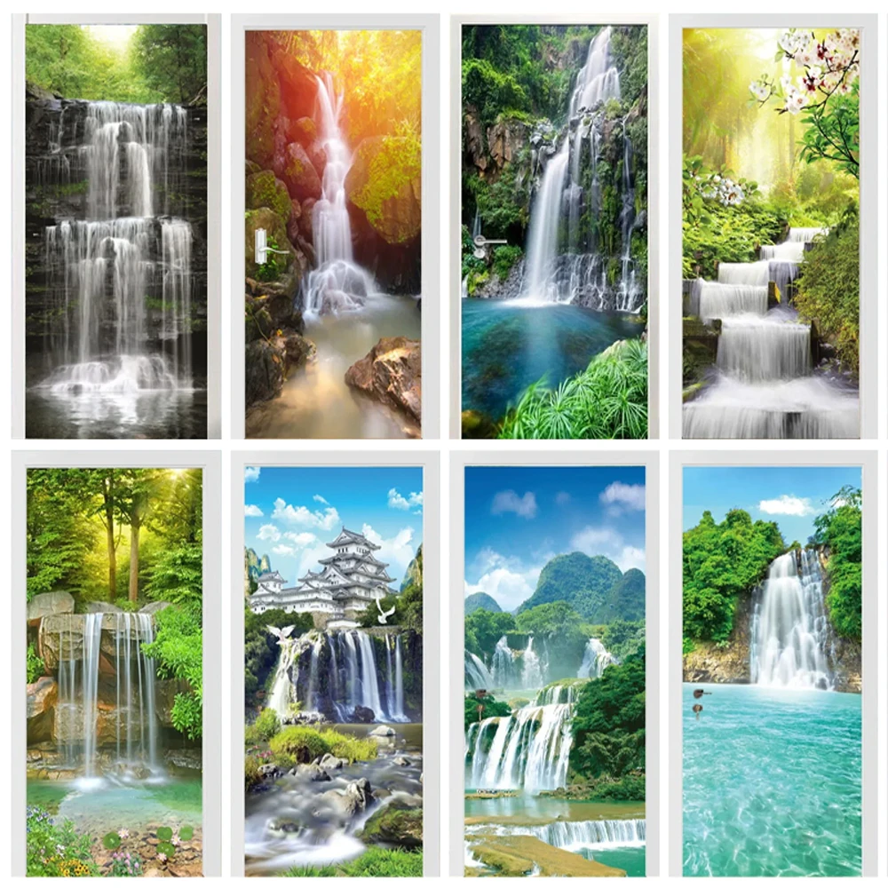 Waterfall Scenery Door Sticker Self Adhesive Home Decorative Poster Custom Size Full Door Wrap Cover Wallpaper Peel and Stick