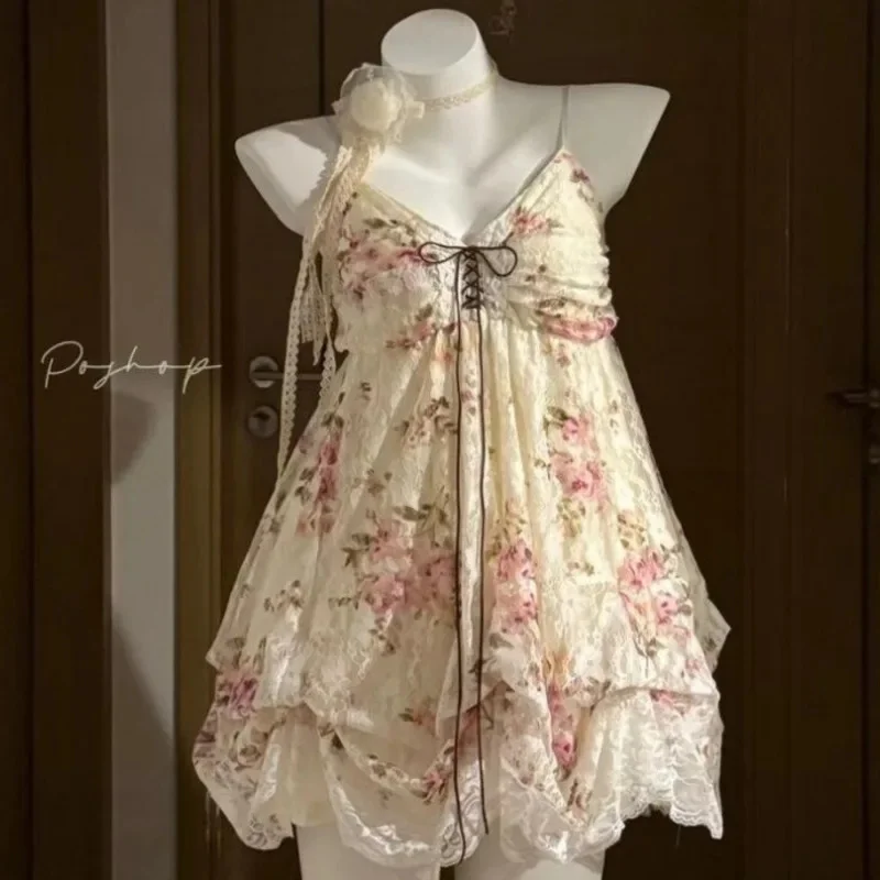 Kawaii Bow Mini Dresses Lolita Summer Sweet Halter Neck Polka Dot Women Lace Dresses French Elelgant Sexy Slim Party Dresses New